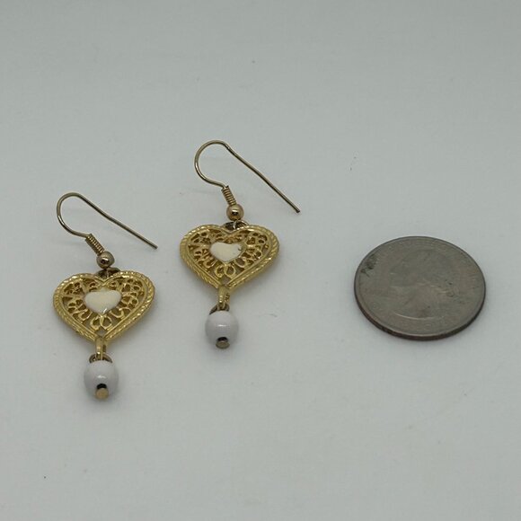 Vintage Gold-Tone Heart Drop Earrings With White Accents & Filigree Design - Picture 6 of 16